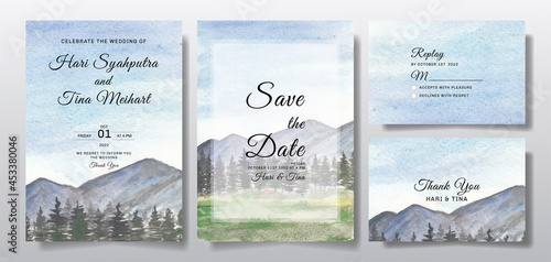 Watercolor wedding invitation set with sky and hill landscape