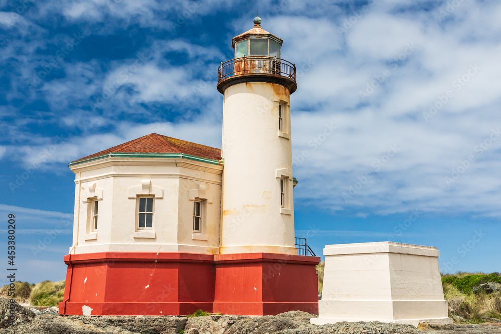 The Coquille River Lighthouse on the Oregon coast.