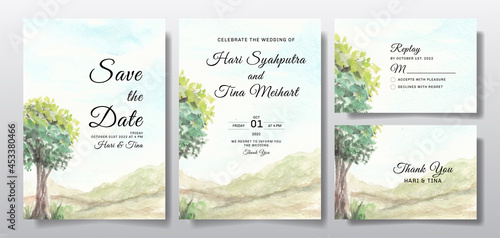 Watercolor wedding invitation set with sky and tree landscape