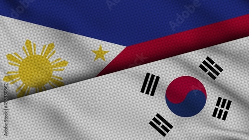 Philippines and South Korea Flags Together, Wavy Fabric, Breaking News, Political Diplomacy Crisis Concept, 3D Illustration