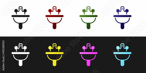 Set Washbasin with water tap icon isolated on black and white background. Vector