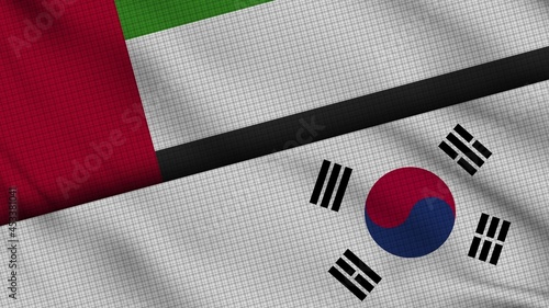United Arap Emirates and South Korea Flags Together, Wavy Fabric, Breaking News, Political Diplomacy Crisis Concept, 3D Illustration photo