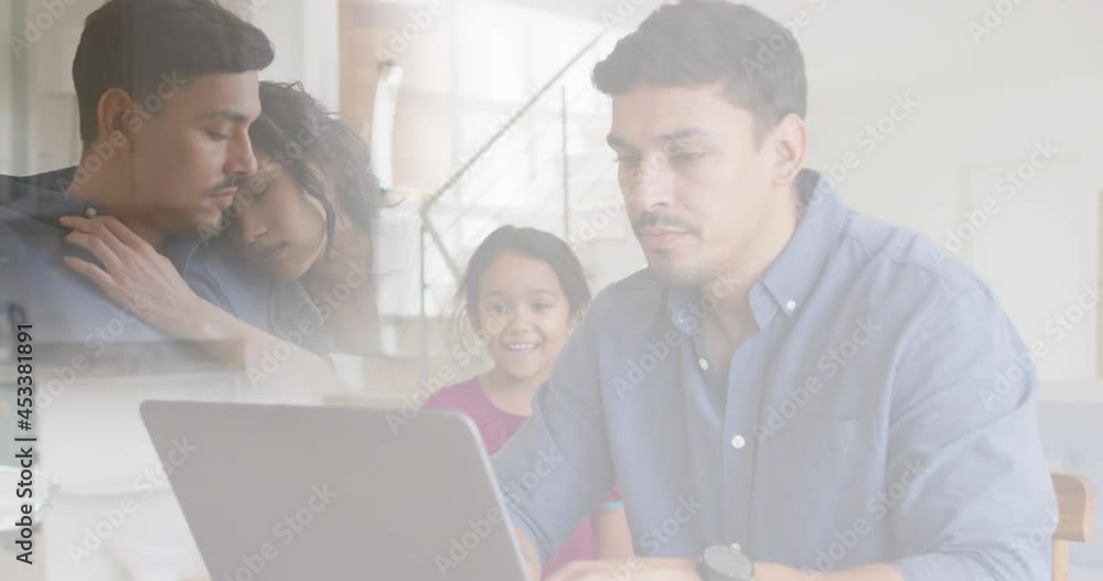 Composite of sad parents embracing, and happy father and daughter looking at laptop together Composite of sad parents embracing, and happy father and daughter looking at laptop together