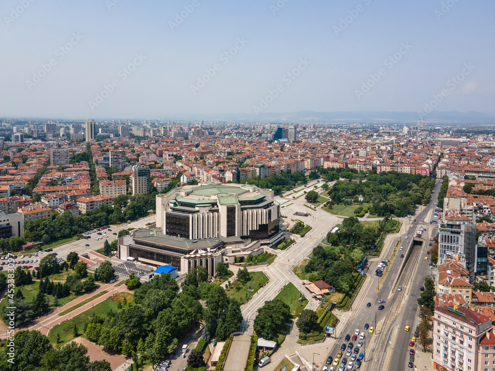 Aerial view of city of Sofia near National Palace of Culture, Bulgaria