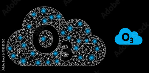 Magic mesh vector ozone gas with glare effect. White mesh, light spots on a black background with ozone gas icon. Mesh and lightspot elements are placed on different layers.