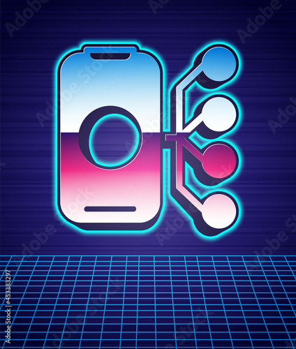Retro style Neural network icon isolated futuristic landscape background. Artificial intelligence AI. 80s fashion party. Vector