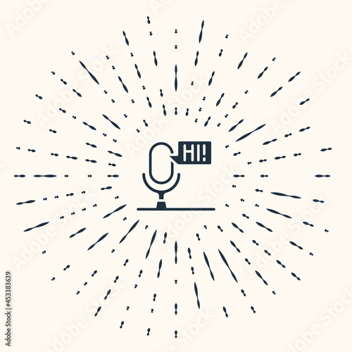Grey Microphone voice device icon isolated on beige background. Microphone interpreter and alphabet letters. Abstract circle random dots. Vector