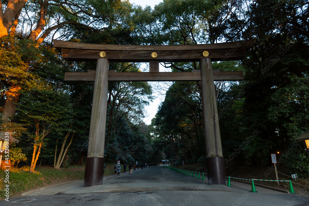 huge torii gate of meiji shrine in early morning on new year day of 2021
