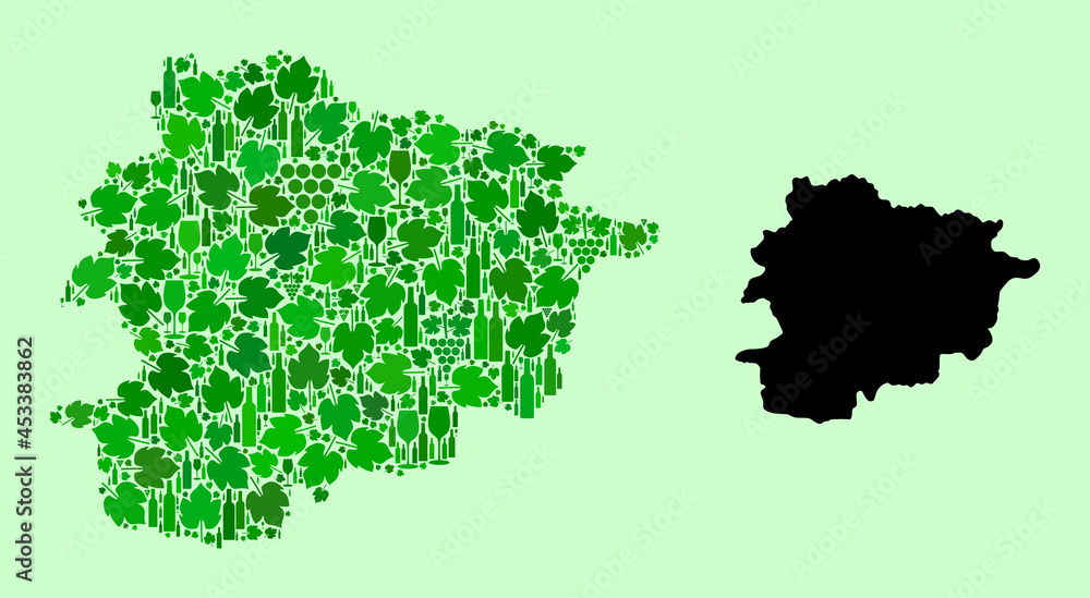 Obraz premium Vector Map of Andorra. Mosaic of green grape leaves, wine bottles. Map of Andorra mosaic created from bottles, grapes, green leaves. Abstract mosaic is designed for wine production collages.
