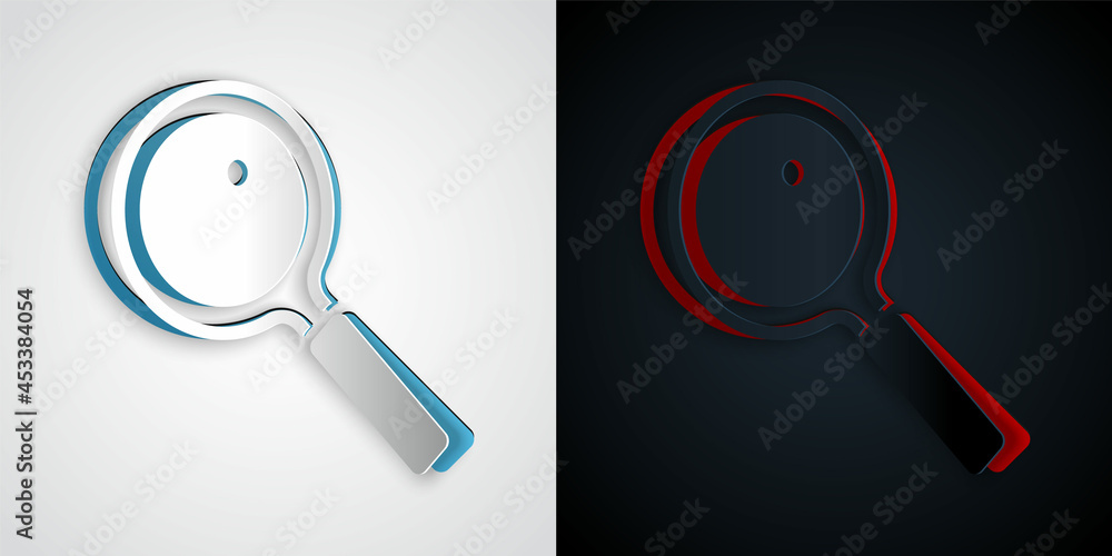 Paper cut Magnifying glass icon isolated on grey and black background. Search, focus, zoom, business symbol. Paper art style. Vector Paper cut Magnifying glass icon isolated on grey and black background. Search, focus, zoom, business symbol. Paper art style. Vector