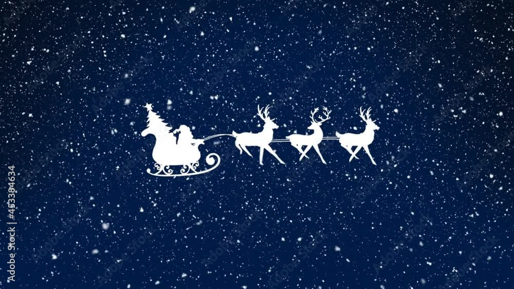 Animation of falling snow over santa claus in sleigh with reindeer Animation of falling snow over santa claus in sleigh with reindeer