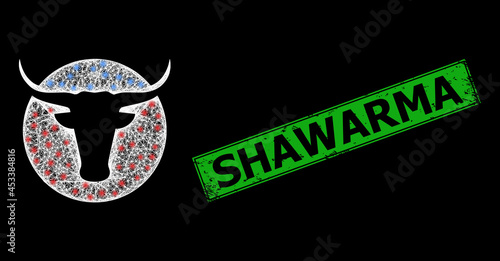 Bright network american cow logo framework with light spots, and green rectangle rubber Shawarma stamp. Constellation vector mesh created from american cow logo symbol and crossing white lines.