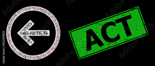 Bright network back direction carcass with bright dots, and green rectangle unclean Act stamp seal. Illuminated vector carcass created from back direction icon and crossing white lines.