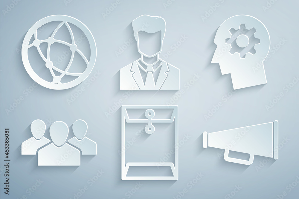 Set Envelope, Human head with gear inside, Users group, Megaphone, of business suit and Social network icon. Vector Set Envelope, Human head with gear inside, Users group, Megaphone, of business suit and Social network icon. Vector