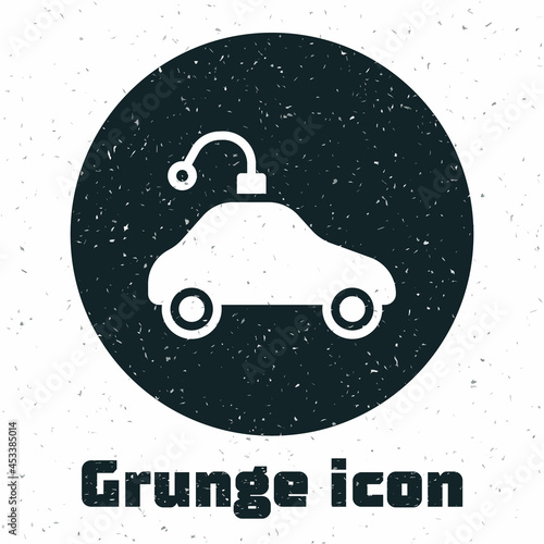 Grunge Radio controlled car toy icon isolated on white background. Control remote car toy. Monochrome vintage drawing. Vector