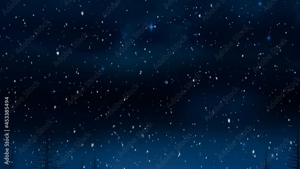 Animation of snow falling over fir trees and moon in winter scenery Animation of snow falling over fir trees and moon in winter scenery