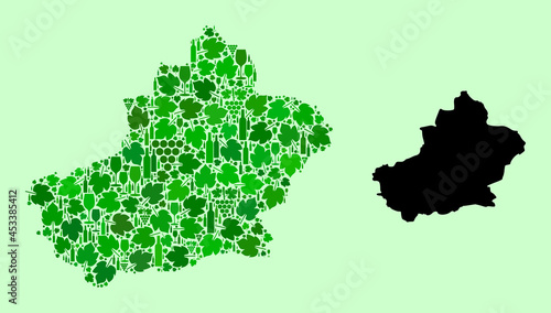 Vector Map of Xinjiang Uyghur Region. Combination of green grapes, wine bottles. Map of Xinjiang Uyghur Region mosaic designed from bottles, grapes, green leaves.