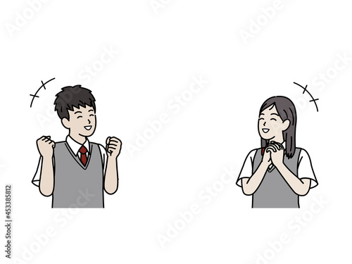 喜ぶ学生　嬉しい　笑顔　中高生　高校生　中学生　男女　コピースペース　イラスト素材