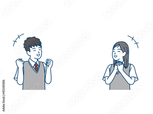 喜ぶ学生　嬉しい　笑顔　中高生　高校生　中学生　男女　コピースペース　イラスト素材
