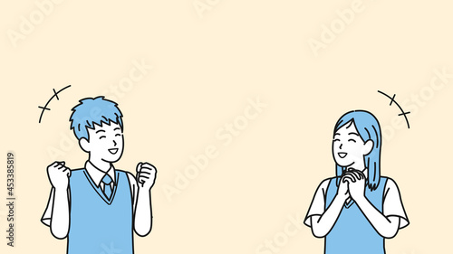 喜ぶ学生　嬉しい　笑顔　中高生　高校生　中学生　男女　コピースペース　イラスト素材