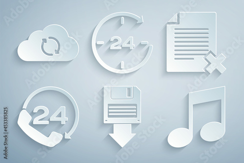 Set Floppy disk backup, Delete file document, Telephone 24 hours support, Music note, tone, Clock and Cloud sync refresh icon. Vector