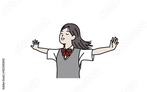 大きく手を広げる学生　女の子　中高生　高校生　中学　爽やか　解放　自由　イラスト素材