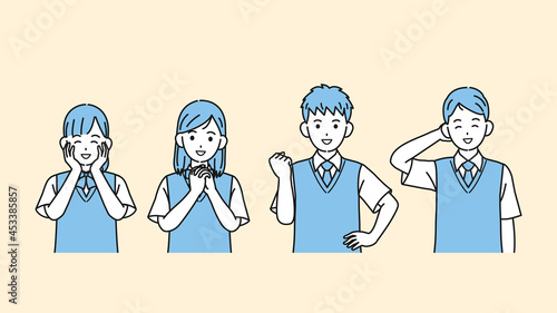 喜ぶ学生　嬉しい　笑顔　中高生　高校生　中学生　男女　友達　イラスト素材