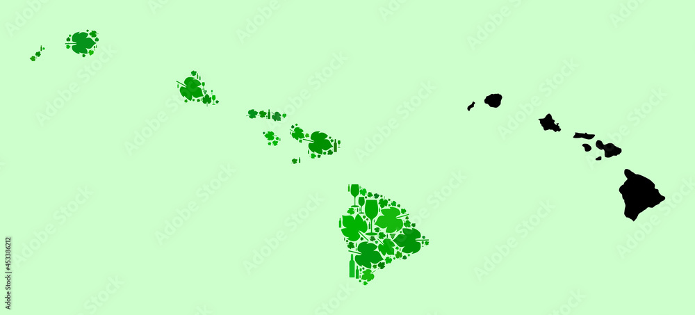 Vector Map of Hawaii State. Mosaic of green grapes, wine bottles. Map of Hawaii State mosaic designed from bottles, berries, green leaves. Abstract mosaic is designed for wine production promotion. Vector Map of Hawaii State. Mosaic of green grapes, wine bottles. Map of Hawaii State mosaic designed from bottles, berries, green leaves. Abstract mosaic is designed for wine production promotion.