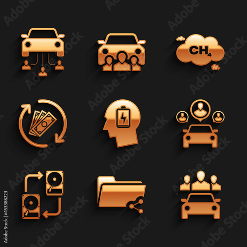 Set Head with low battery, Share folder, Car sharing, , Data exchange hhd and Refund money icon. Vector