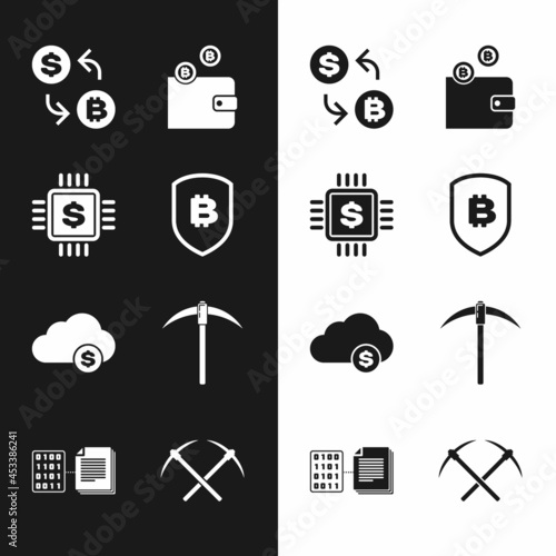 Set Shield with bitcoin, Processor chip dollar, Cryptocurrency exchange, wallet, cloud mining and Pickaxe icon. Vector