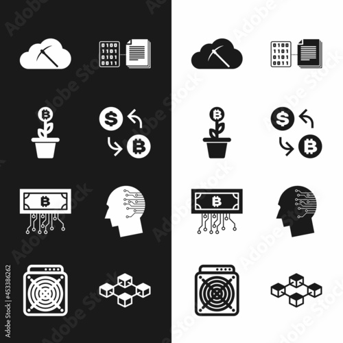 Set Cryptocurrency exchange, Bitcoin plant in the pot, cloud mining, Smart contract, bitcoin with circuit and Brain as digital board icon. Vector