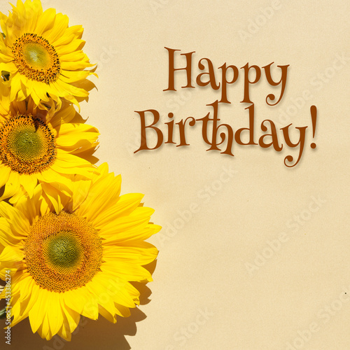 Obraz na plátně Happy Birthday, text with sunflowers on square flat lay