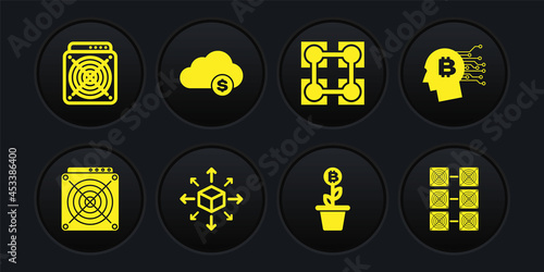 Set ASIC Miner, Bitcoin think, Distribution, plant the pot, Blockchain technology and Cryptocurrency cloud mining icon. Vector