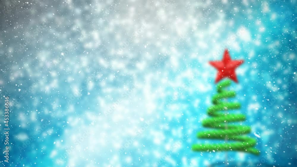 Animation of snow falling over christmas tree on blue background Animation of snow falling over christmas tree on blue background