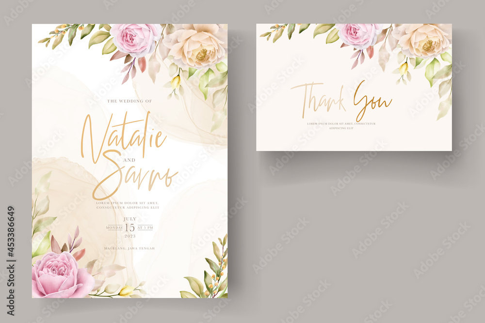 soft watercolor floral and leaves invitation card set