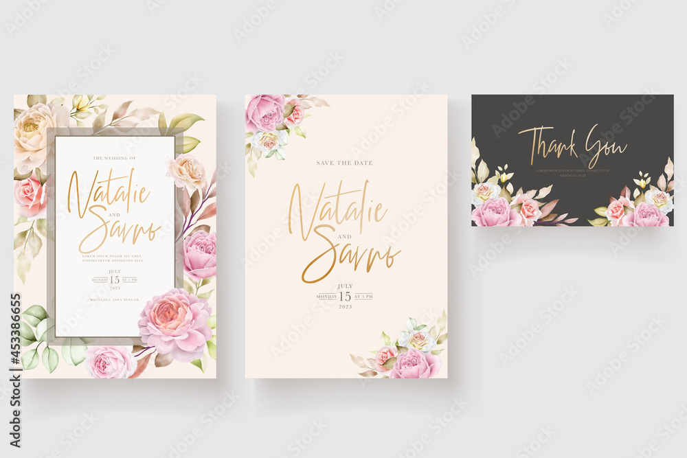 soft watercolor floral and leaves invitation card set