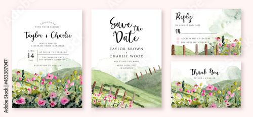 wedding invitation with landscape hill and flower meadow watercolor