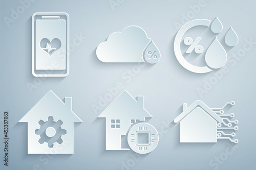 Set Smart home, Humidity, settings, and Mobile with heart rate icon. Vector