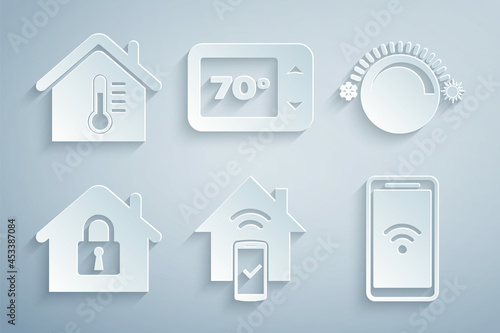 Set Smart home remote control system, Thermostat, House under protection, Mobile with wi-fi wireless, and temperature icon. Vector