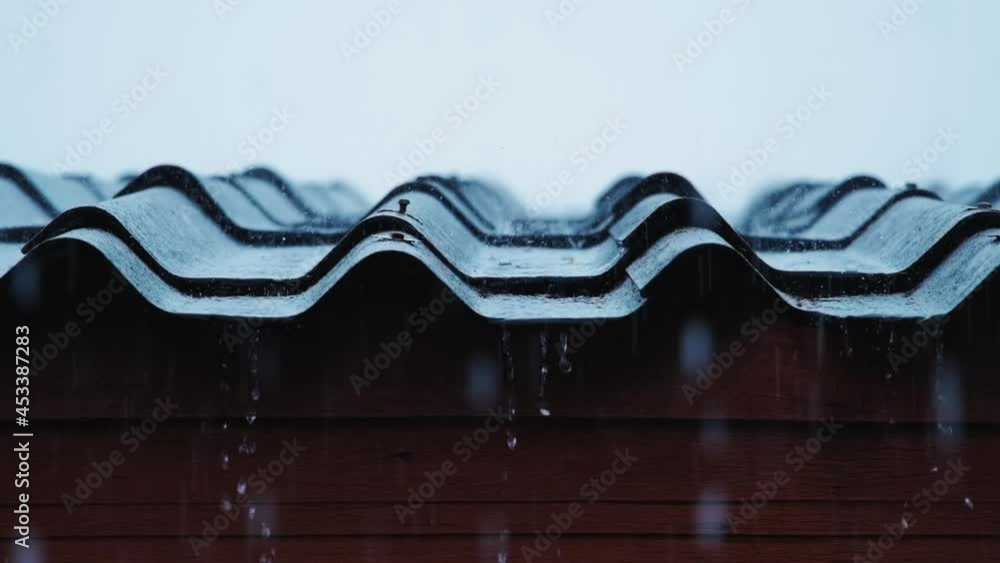 slow motion of rain falling into roof, Rainy Day slow motion of rain falling into roof, Rainy Day