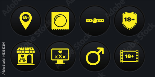 Set Sex shop building, Shield with 18 plus, Monitor content, Male gender symbol, Silicone ball gag, Condom package, Play Video and Location icon. Vector