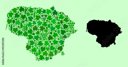Vector Map of Lithuania. Collage of green grape leaves, wine bottles. Map of Lithuania collage created with bottles, berries, green leaves. Abstract collage designed for advertising purposes. photo