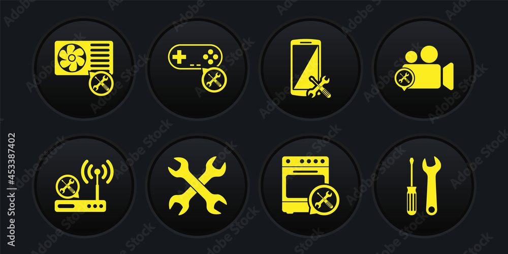 Set Router wi-fi service, Video camera, Crossed wrenchs, Oven, Smartphone, Gamepad, Screwdriver and and Air conditioner icon. Vector Set Router wi-fi service, Video camera, Crossed wrenchs, Oven, Smartphone, Gamepad, Screwdriver and and Air conditioner icon. Vector
