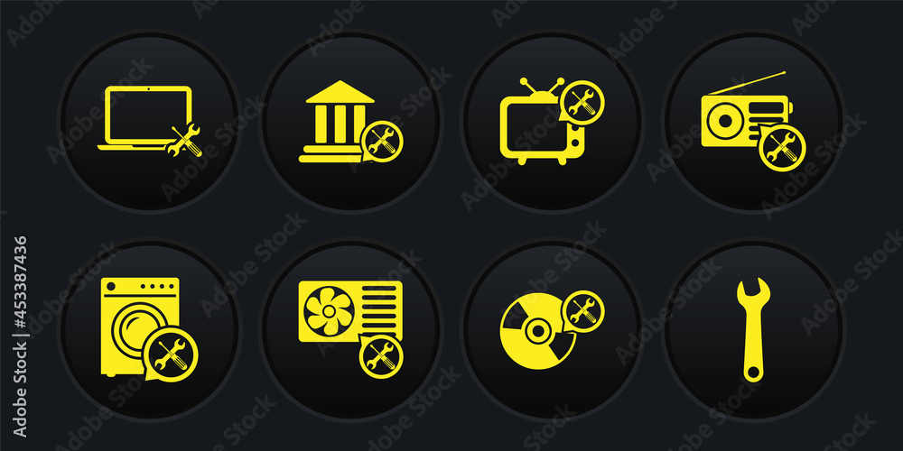 Set Washer service, Radio, Air conditioner, CD or DVD disk, Tv, Bank  building, Wrench and Laptop icon. Vector vector de Stock | Adobe Stock