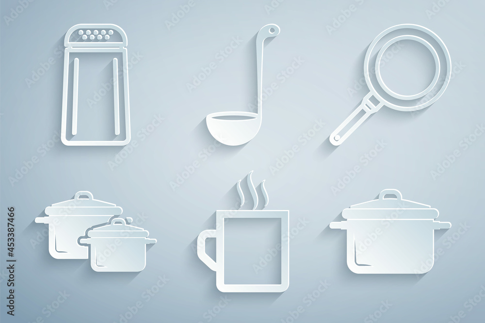 Set Coffee cup, Frying pan, Cooking pot, Kitchen ladle and Salt and pepper icon. Vector Set Coffee cup, Frying pan, Cooking pot, Kitchen ladle and Salt and pepper icon. Vector