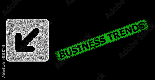Bright crossing mesh left down direction frame with bright dots, and green rectangular corroded Business Trends stamp.