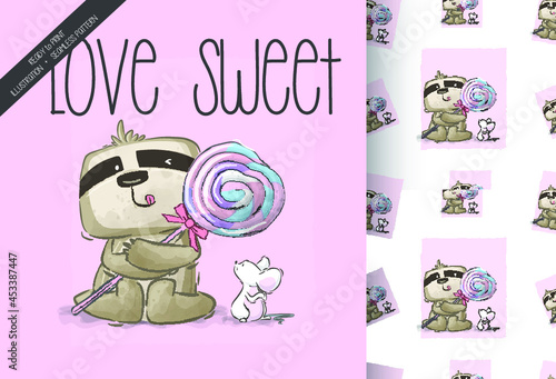 Cartoon cute sloth with sweet candy seamless pattern: can be used for cards, invitations, baby shower, posters; with white isolated background
