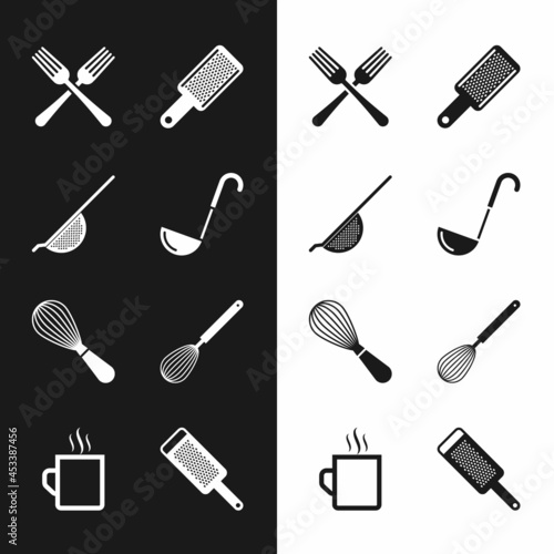 Set Kitchen ladle, colander, Crossed fork, Grater, whisk, and Coffee cup icon. Vector