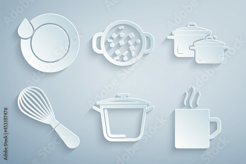 Set Cooking pot, Kitchen whisk, Coffee cup, soup and Washing dishes icon. Vector