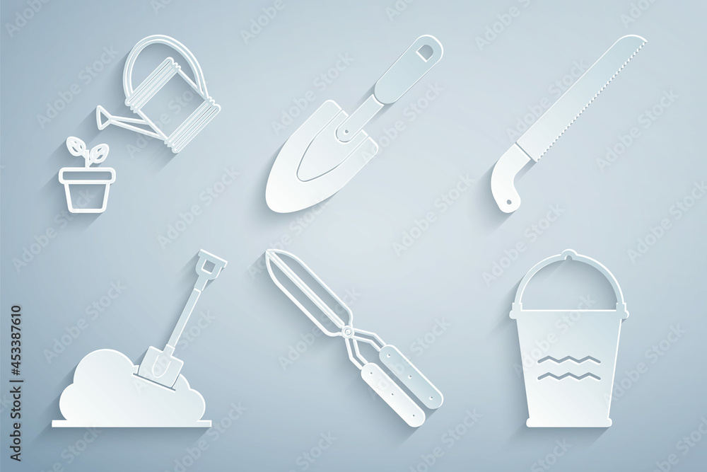 Set Gardening handmade scissor, saw, Shovel the ground, Bucket, trowel spade shovel and Watering can icon. Vector Set Gardening handmade scissor, saw, Shovel the ground, Bucket, trowel spade shovel and Watering can icon. Vector